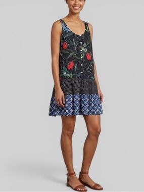 Aerie Boho Patchwork Tiered Mixed Print Button Front Satin Mini Dress M Navy